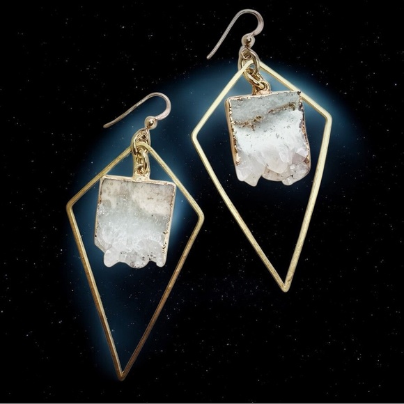 14K Gold Electroplated Raw Amethyst Druzy Geometric Earrings - Picture 1 of 5